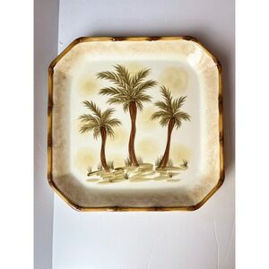 Today's Living Palm Tree Square Platter Faux Bamboo Rim Tropical Coastal 12in